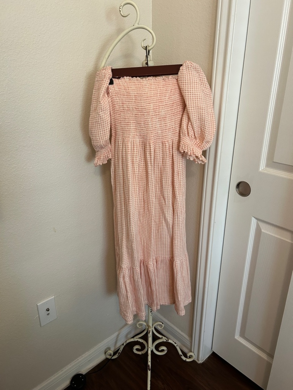 Smocked Gingham Nothing Fits But Midi Maternity or Nursing Dress in Light Pink